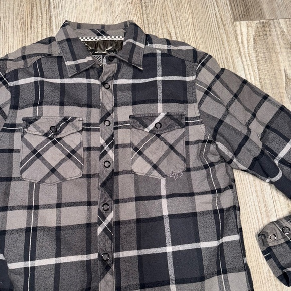 Vintage FOX Racing insulated flannel satin lined plaid shirt jacket gray black L - Picture 4 of 11